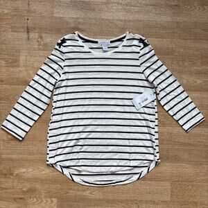 NEW Keren Hart Womens Striped Long Sleeve Shirt Navy Ivory Medium M NWT Lace Up